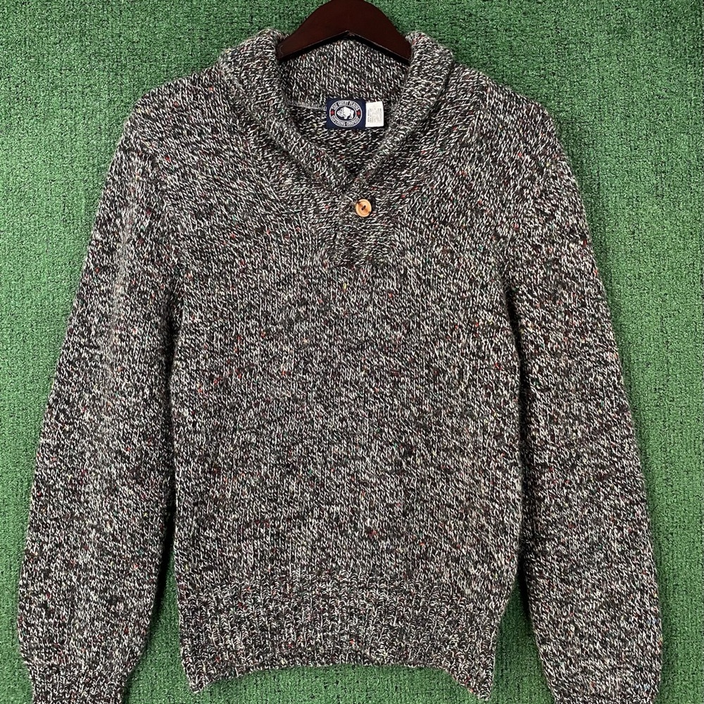 VTG 80’s Great Plains Wool Blend Speckled Shawl Collar Cowl Sweater Men’s Small